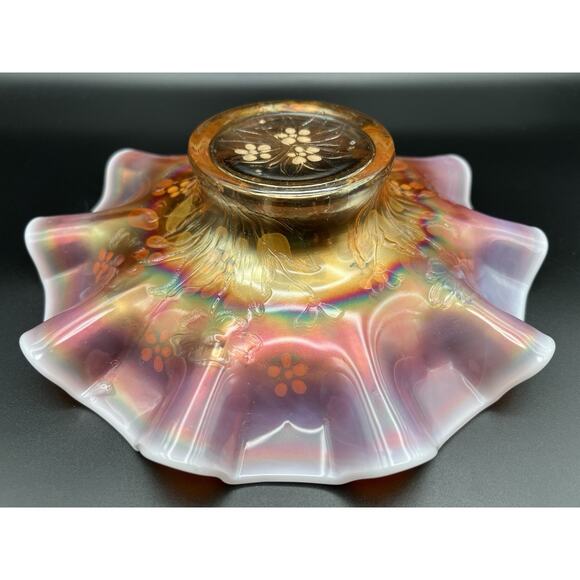 Antique Dugan Enameled Single Flower Opalescent Peach Carnival Glass Bowl 9” - Picture 6 of 11